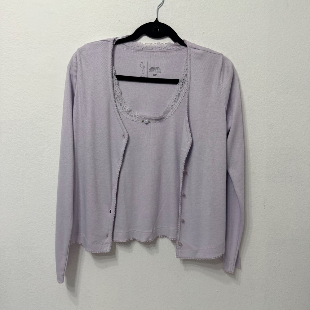 Joie Sleep Womens Lavender Ribbed Pajama Set Cardigan Camisole Lace Trim Small - Picture 3 of 9